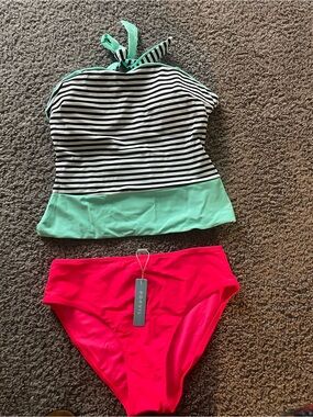 Women’s  Striped Tankini with Mint and Hot Pink Swim Bottoms